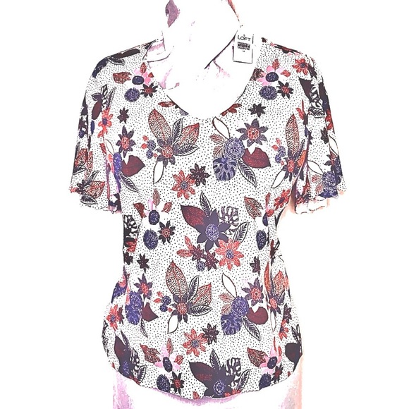 LOFT NEW Flutter Sleeve Floral Botanical Stretch Pullover Sweater VNeck - Picture 2 of 9